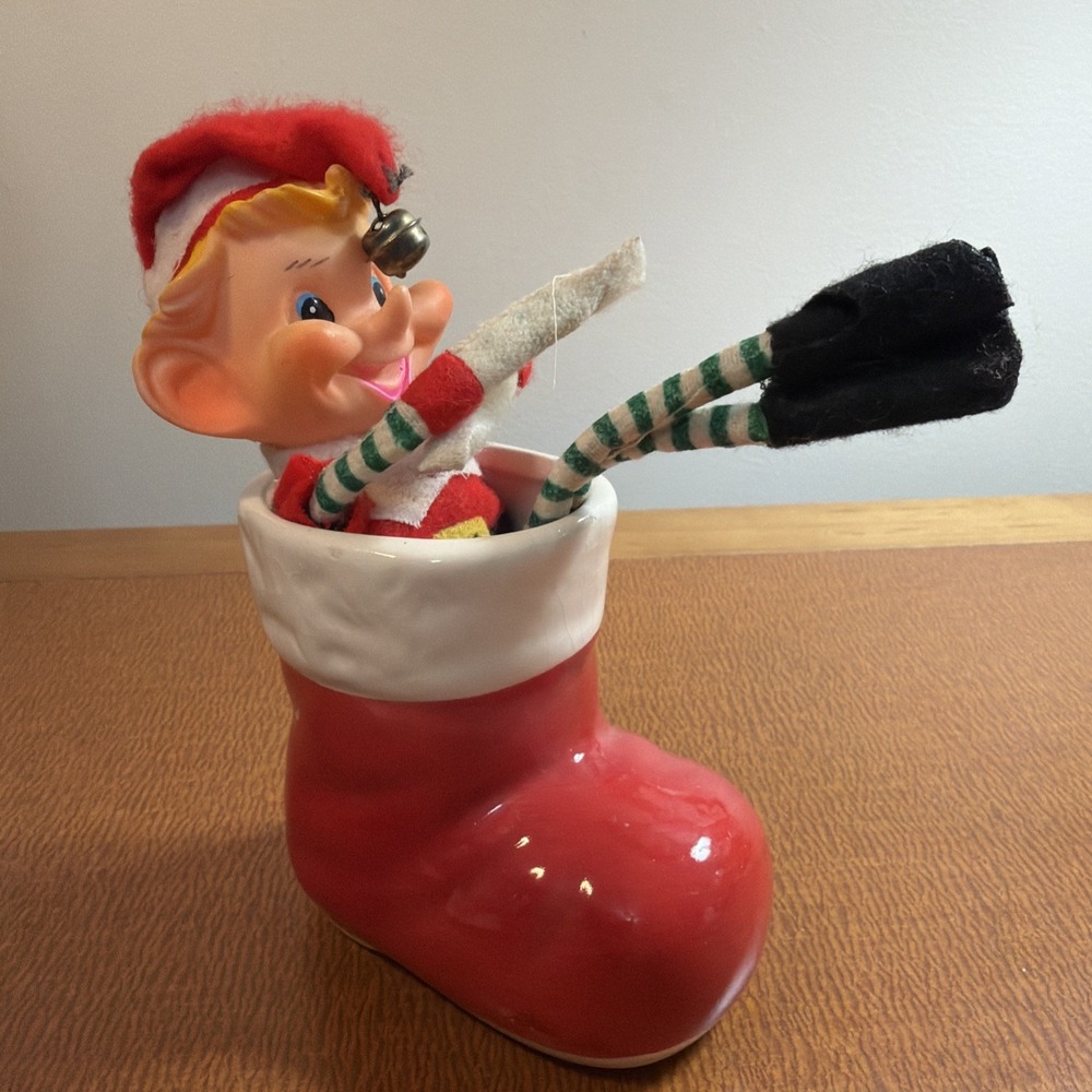 Vtg MCM Pixie Christmas Elf Tucked In Santa Boot 6"